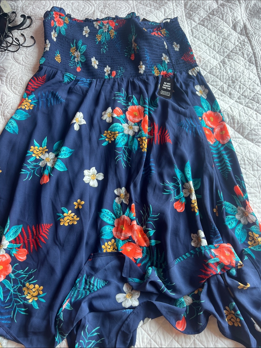 Navy Floral Strapless Sundress with Smocked Bodice
